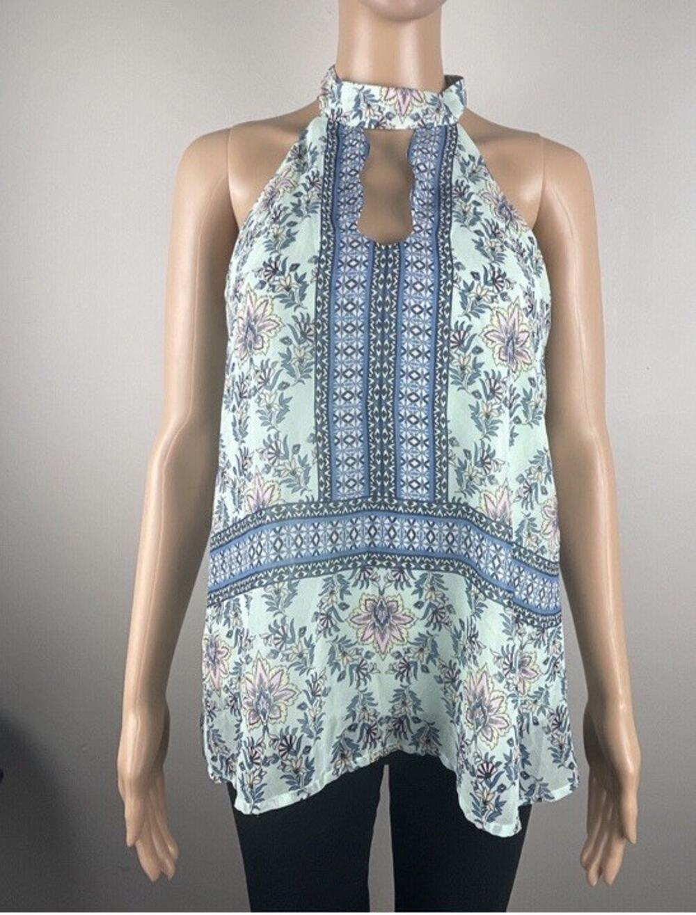 Blue Rain Halter Neck Sleeveless Top Floral Print Womens XS Green Multicolor